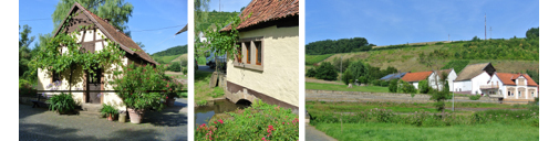 Von li nach re: Die Probierstube in der alten Mühle liegt direkt über dem Mühl-Bach. Blick auf den Cöllner Rosenberg, wo der Gemischte Satz aus Riesling und Rotem Traminer angebaut wird.